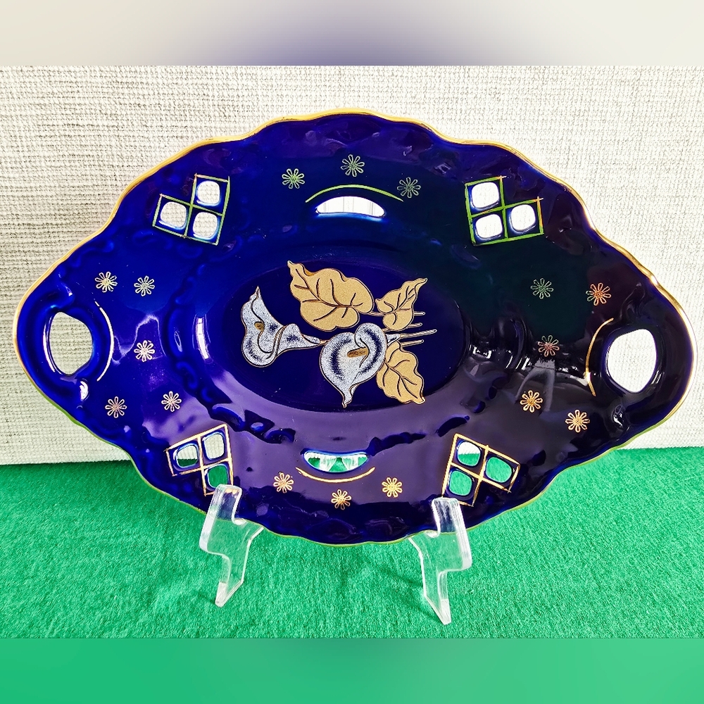 Lucru Manual Vintage Romania Apulum Cobalt Blue Gold Trim Decor